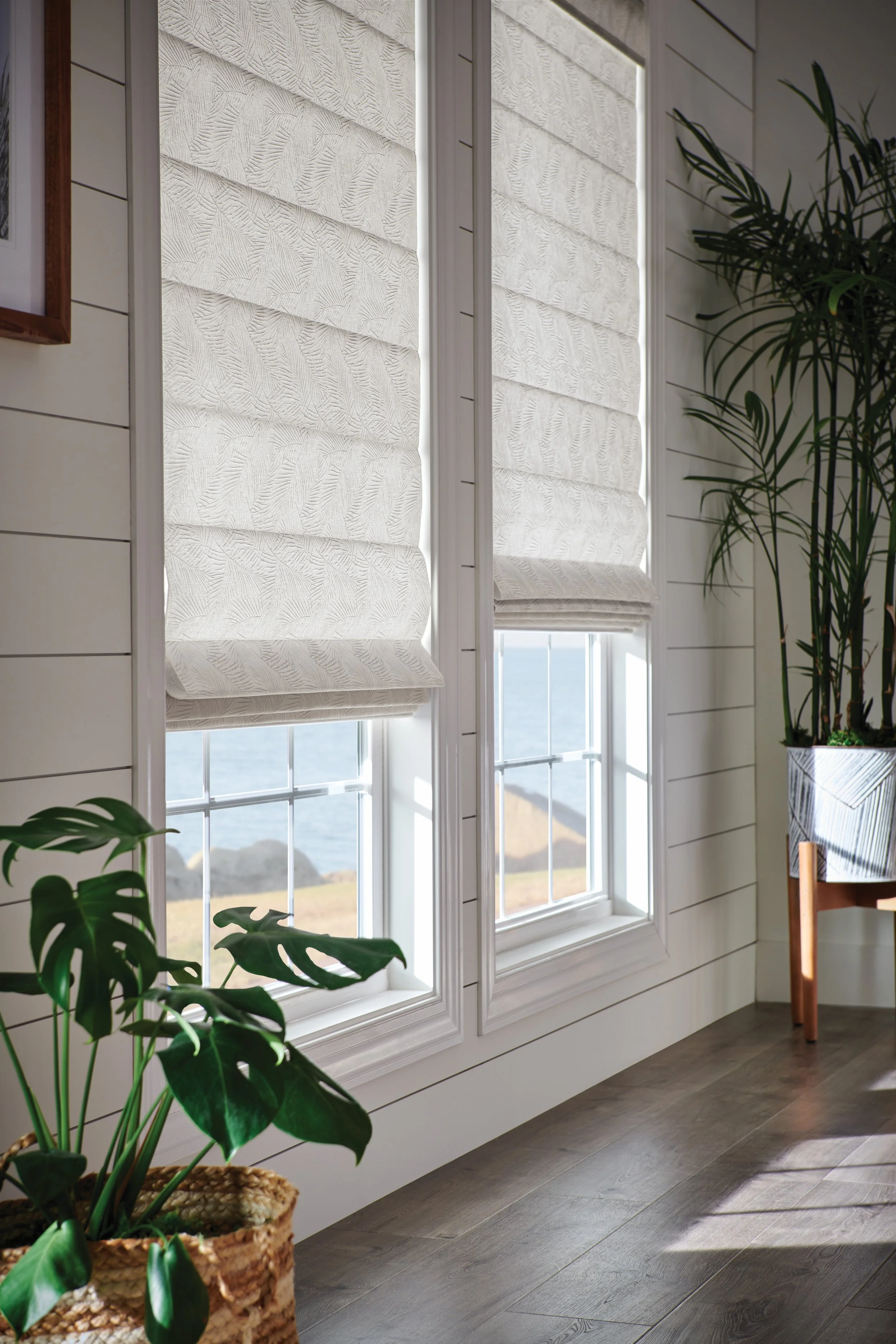 Sunlight coming through two white textured Roman shades on a pair of large windows in a bright room. A tall houseplant in a wicker basket and a wooden chair are also visible.
