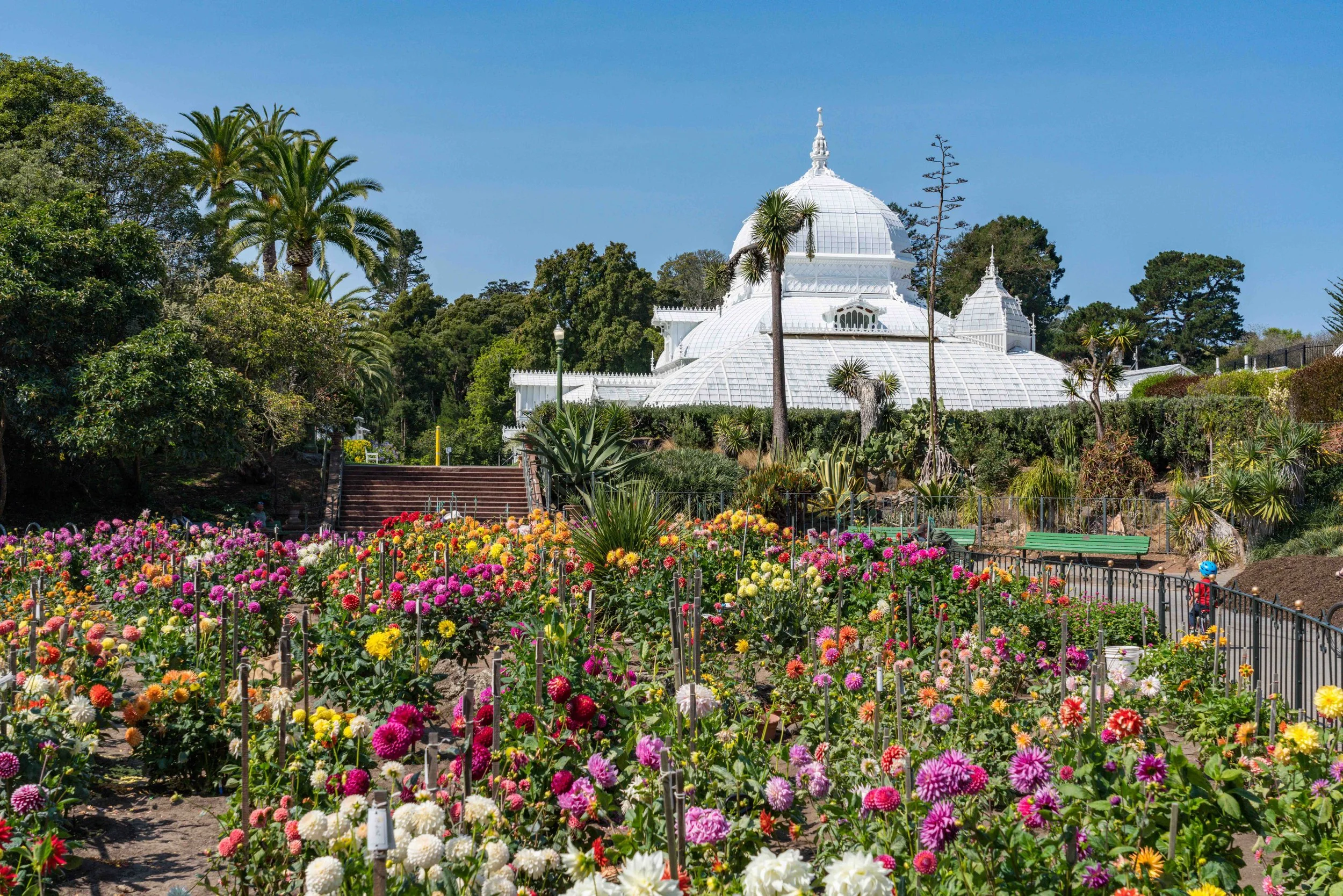 Colorful flower garden in front of a white glass-domed greenhouse with trees and blue sky in the background.