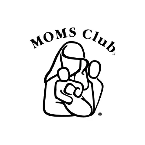 Outline drawing of a woman with a baby in a carrier, and an adult with a child, with the words 'MOMS Club' above.