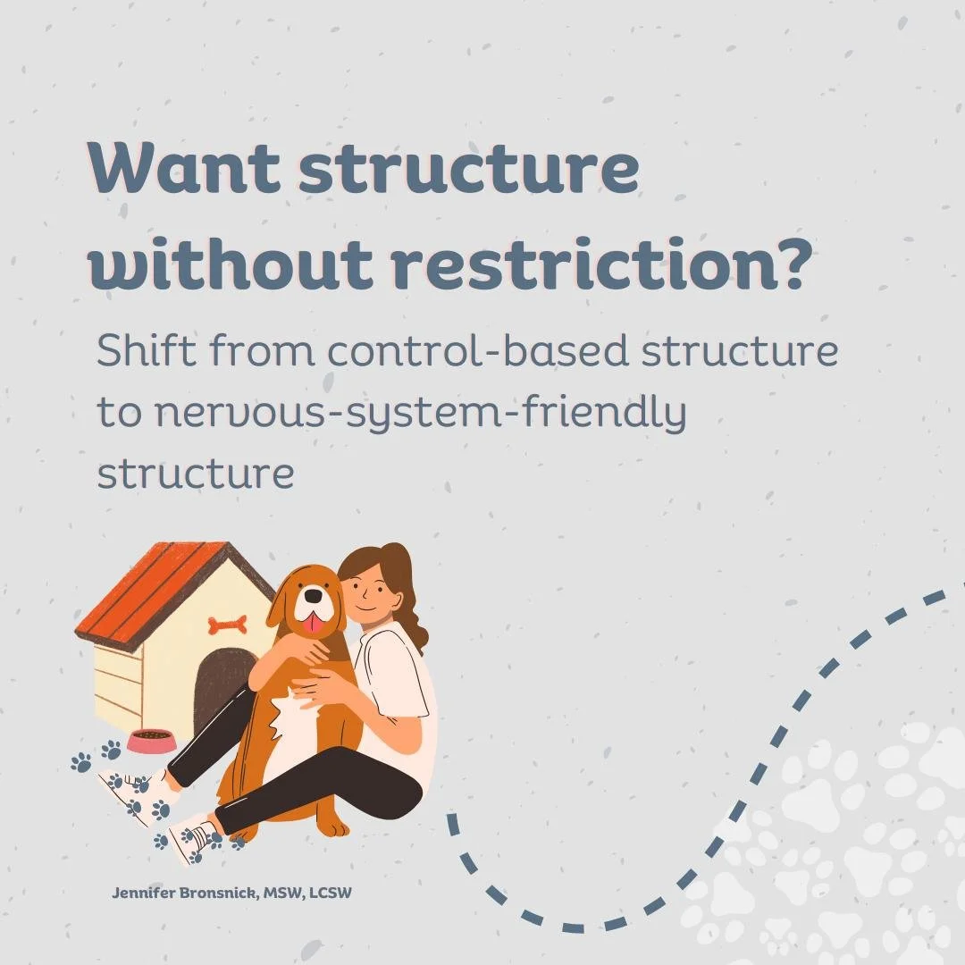 Want structure in your day without feeling restricted?

Shift from control-based structure to nervous-system-friendly structure. 

Create gentle anchors with your pet - morning greeting, midday check-in, evening wind-down. 

Pair tasks with body shif