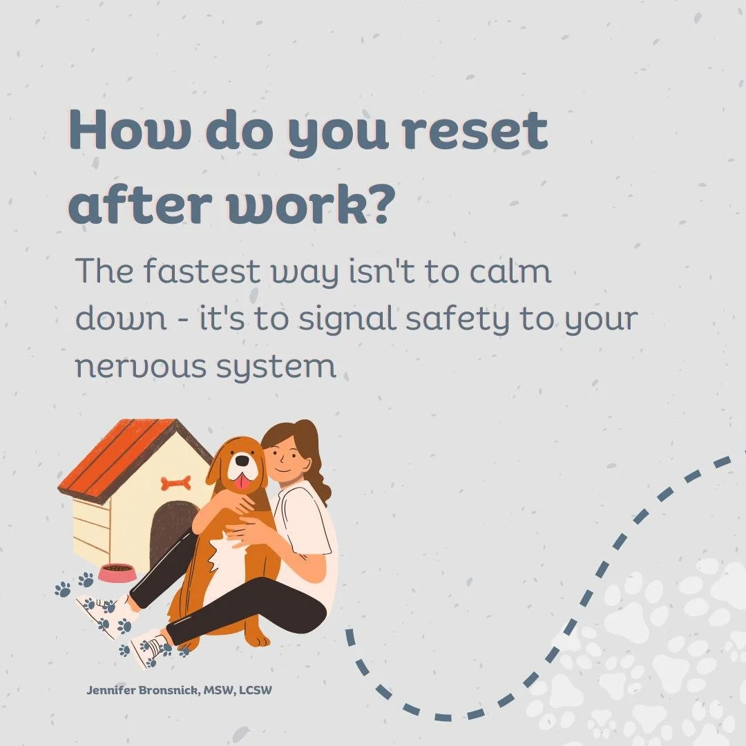 How do you reset after a stressful workday?

The fastest way isn't to calm down - it's to signal safety. 

Orient to the present. 

Place one hand on your chest and one on your pet. 

Take slow exhales. 

Name one hard moment, then remind yourself: &