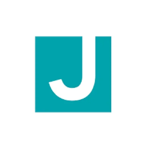 White letter J on a teal square background