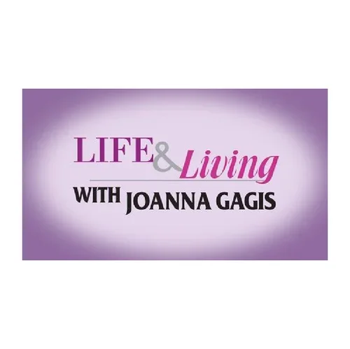 Logo for 'Life & Living with Joanna Gagis' featuring purple and pink text on a purple background.