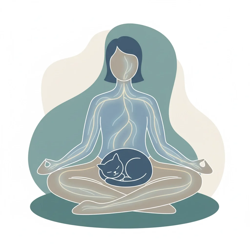 A stylized illustration of a woman sitting cross-legged in a meditation pose with a cat resting on her lap, with visible flow lines representing energy or breath.