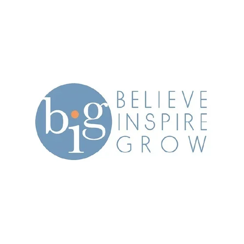 Logo with a blue circle containing the word "big" and a small orange dot, alongside the words "BELIEVE," "INSPIRE," and "GROW" in blue text.