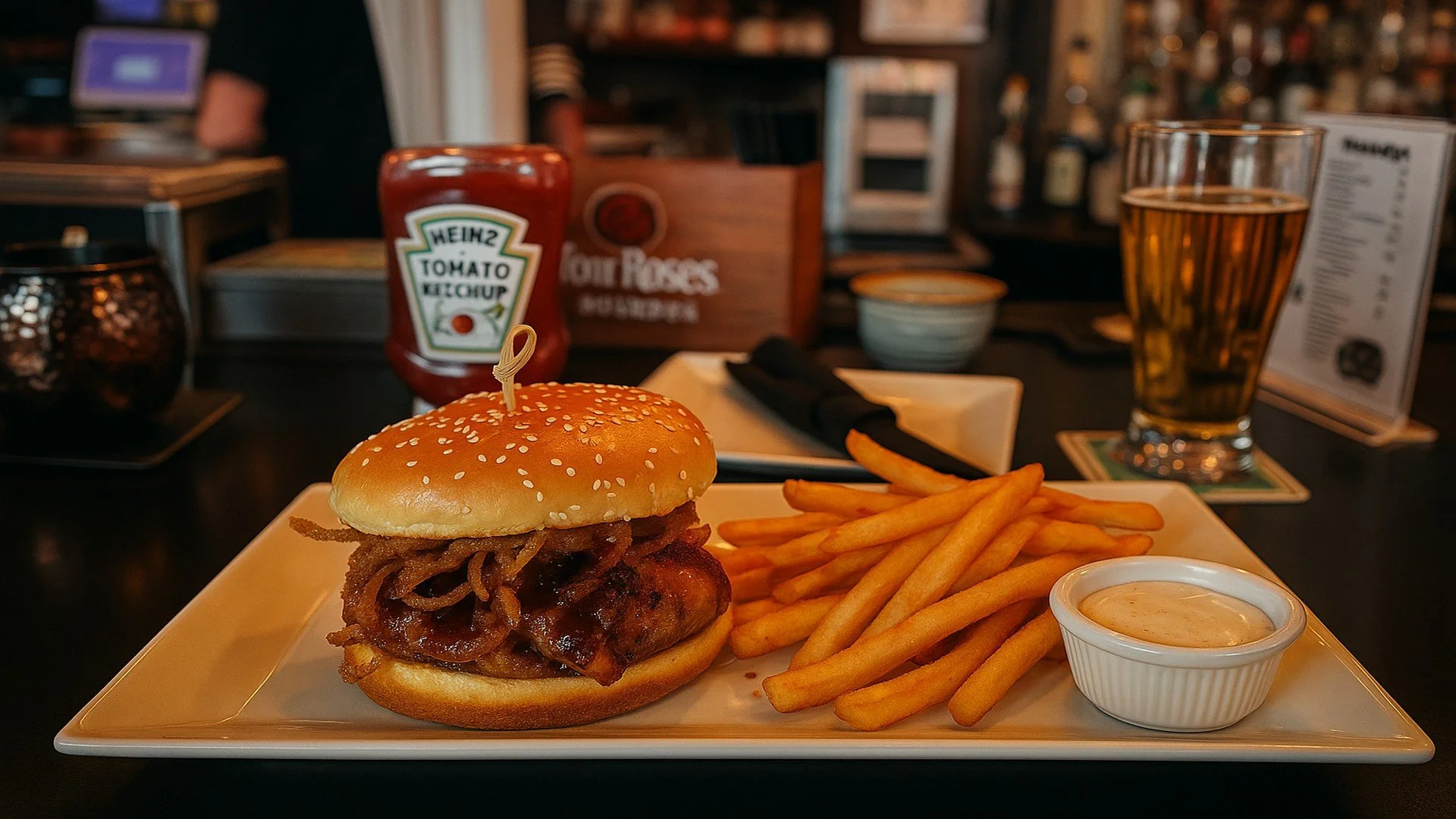 A plate with a cheeseburger, French fries, and a cup of dipping sauce on a dark table in a restaurant, with a glass of beer, ketchup, and drinks and condiments in the background.