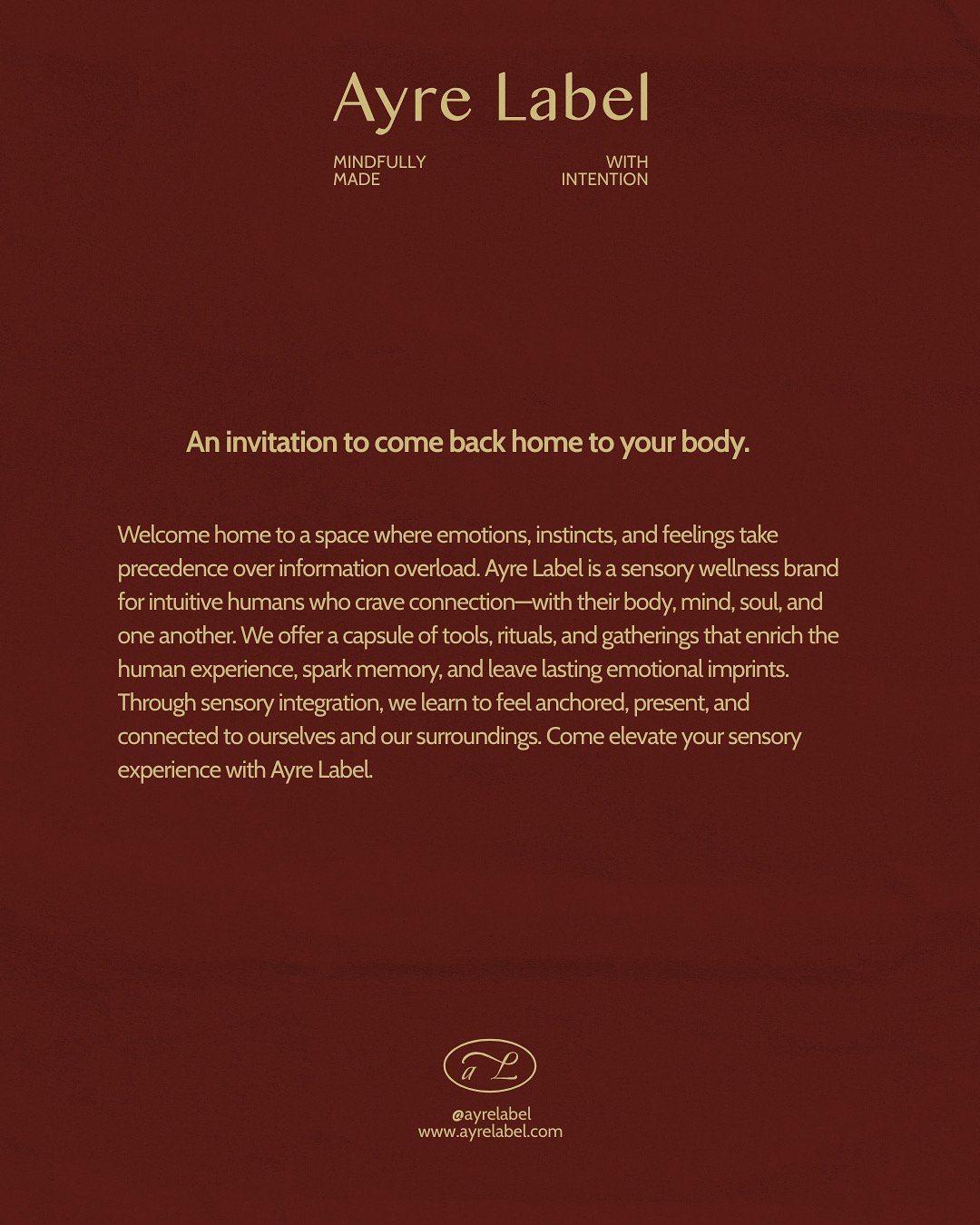 Text on a dark red background describing Ayre Label, a sensory wellness brand focused on emotional and physical connection through tools, rituals, and gatherings to enhance human experience and sensory awareness.
