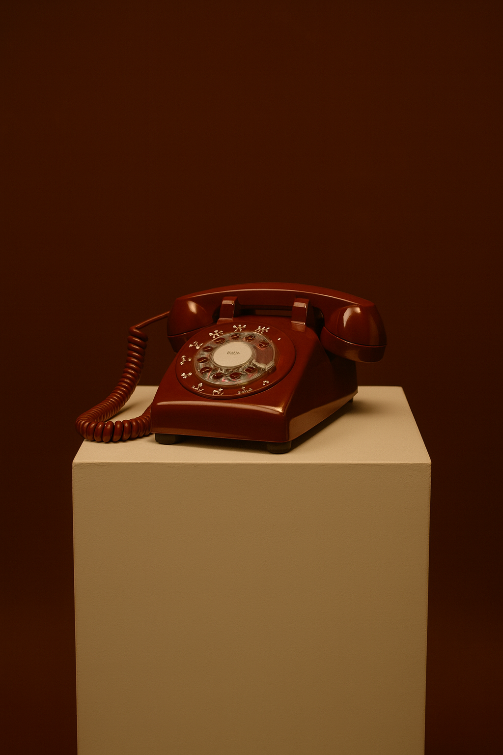 Vintage red rotary telephone displayed on a white pedestal against a dark brown background.