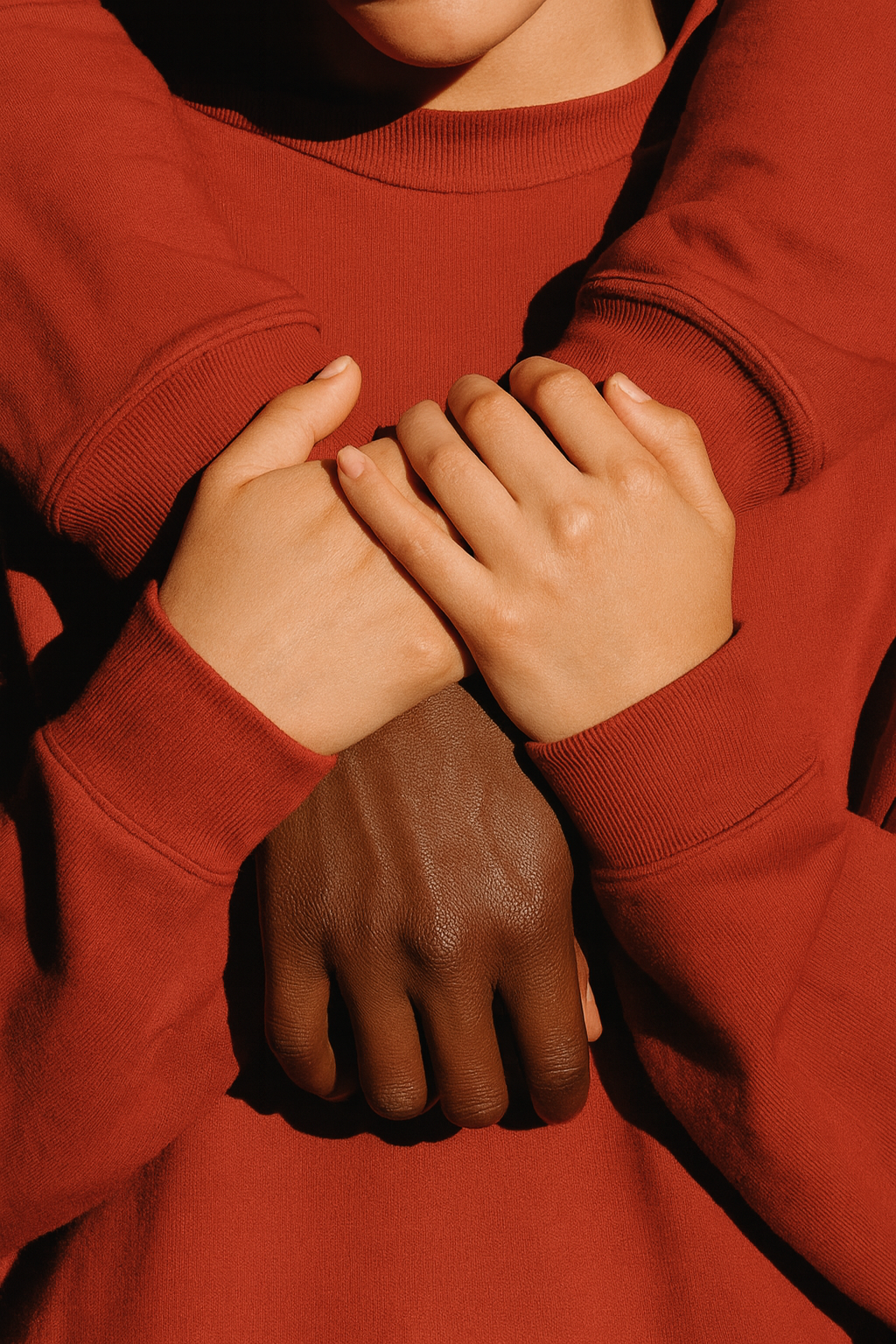Close-up of two hands, one with dark skin and one with light skin, gently clasped over a person's chest, wearing a red long-sleeve shirt.