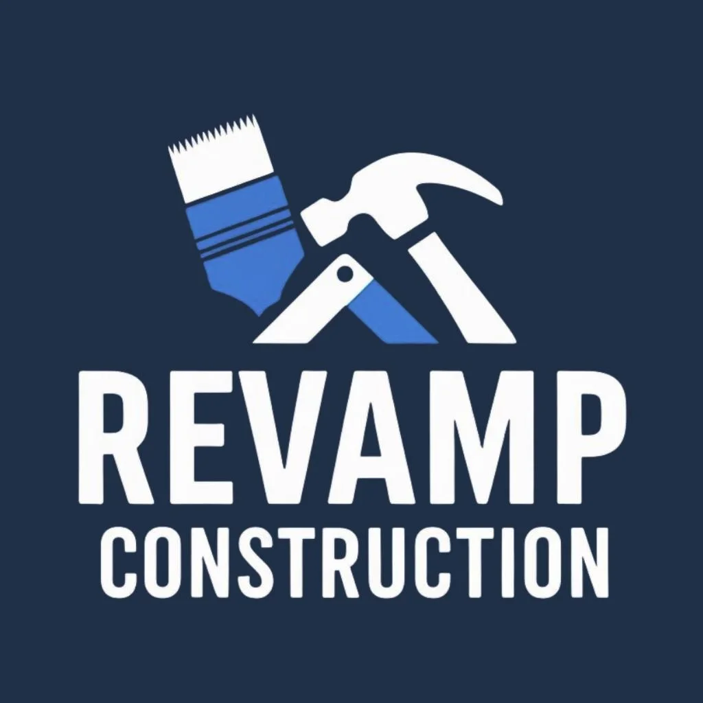 Logo for Revamp Construction featuring a hammer, paintbrush, and screwdriver crossed, with the company name below.