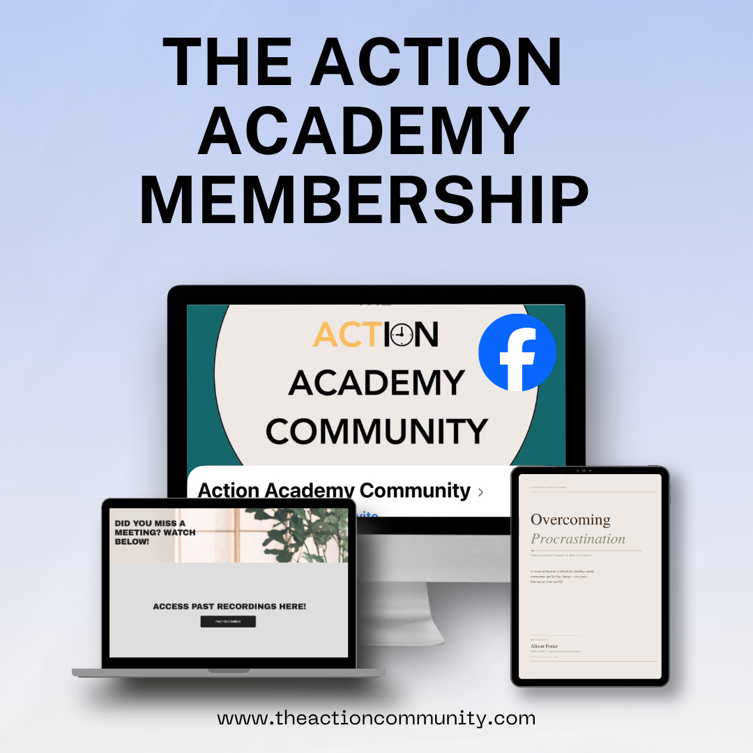 A promotional graphic for The Action Academy Membership, featuring devices displaying their community and resources, with the website www.theactioncommunity.com at the bottom.