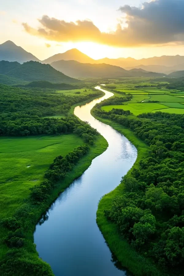 A river winding through lush green fields and forests under a setting sun with mountains in the background.