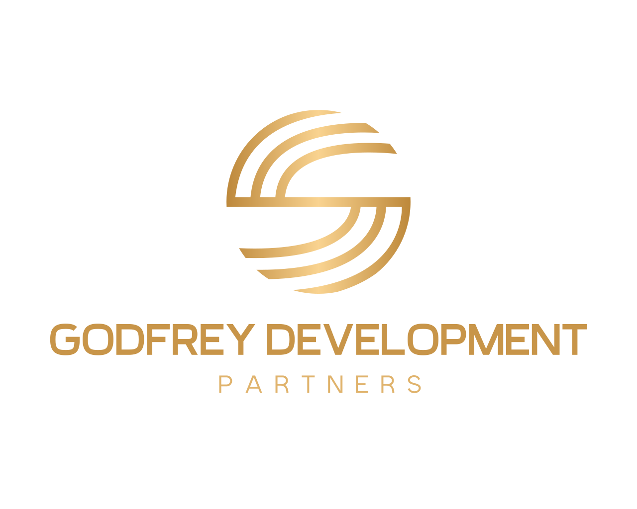 Logo with a stylized letter 'G' in gold, curved lines forming a circle, black background, with text 'Godfrey Development Partners' in gold.
