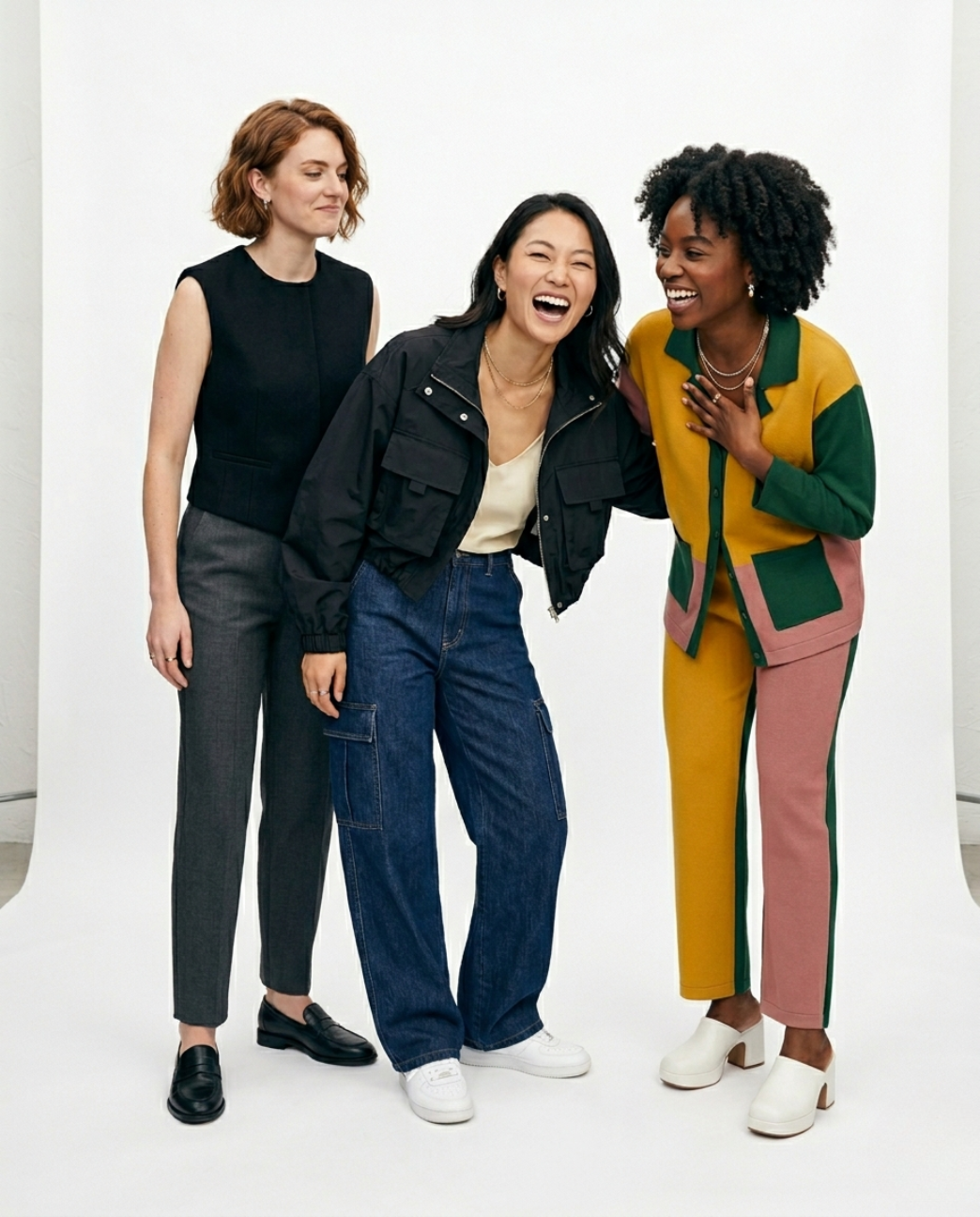 Three women in fashion-forward outfits laughing together in front of a white backdrop at a Toronto retail pop-up or brand activation