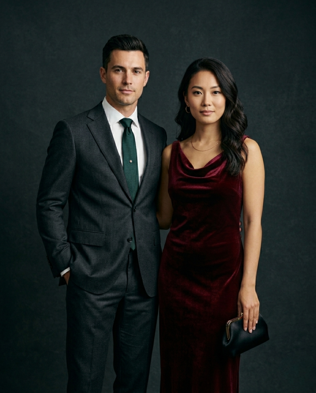 A man in a charcoal suit and a woman in a burgundy velvet gown posing for a formal portrait at a Toronto corporate gala or awards event