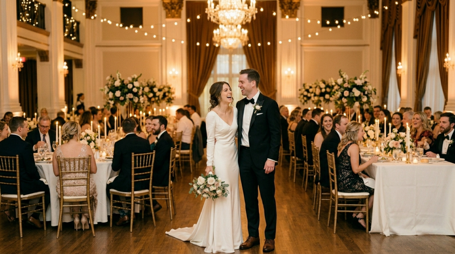 Bride in a long-sleeve ivory gown holding a white and blush bouquet laughing with her groom in a black tuxedo, standing between two long reception tables in a grand Toronto ballroom with chandeliers and warm candlelight