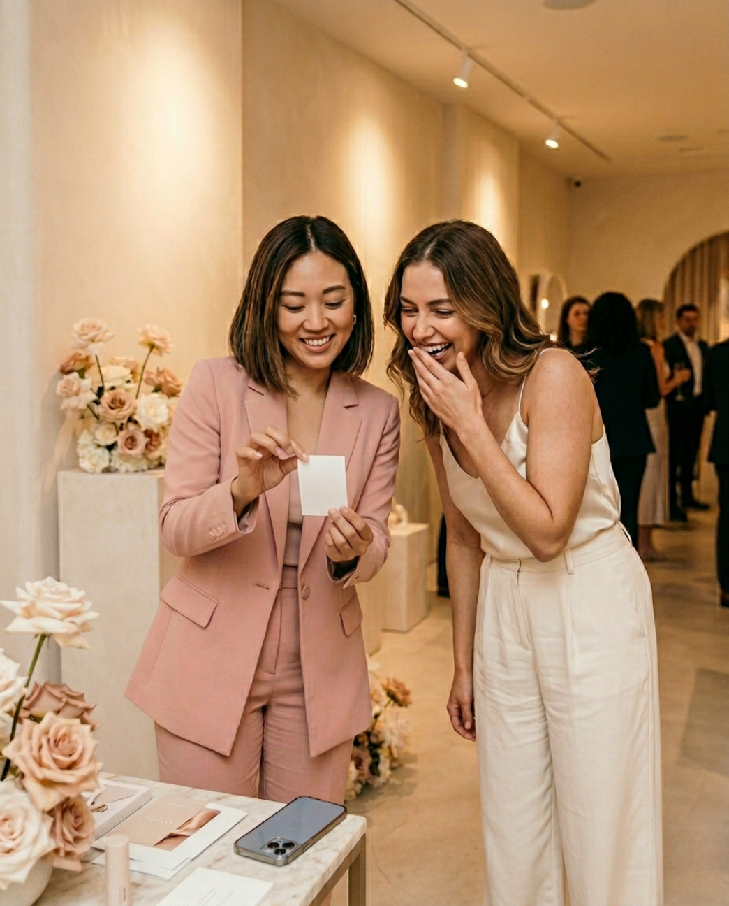 Two women at a Toronto beauty brand launch event looking at a photo print and laughing, with roses and a marble display table in the foreground