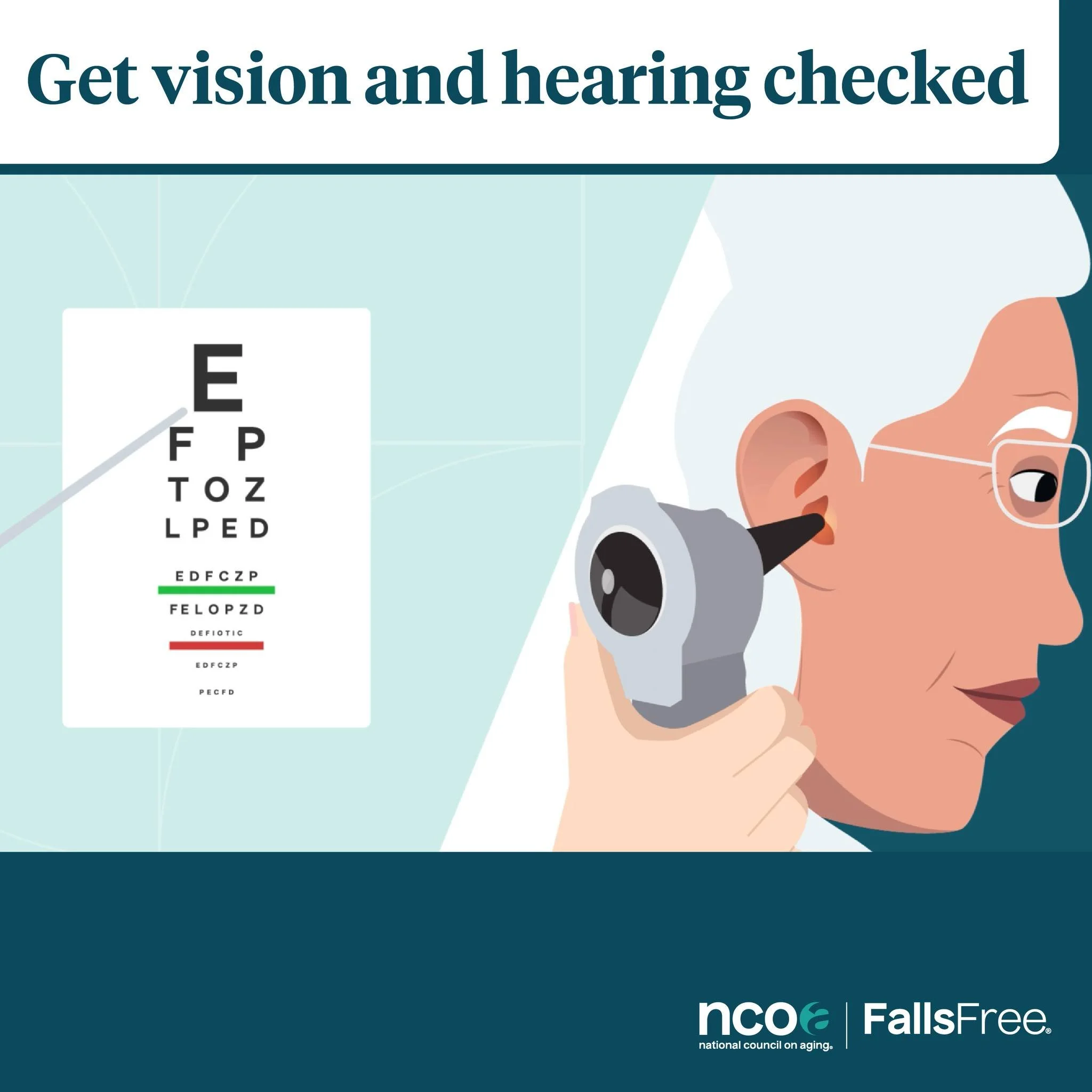Step 4️⃣ : 👀Get your vision and hearing checked.

Your vision and hearing play an important role in good balance, which is critical for preventing falls.

🔗 Explore ways to keep your eyes and ears healthy to prevent falls. Link in story!

 #FallsPr