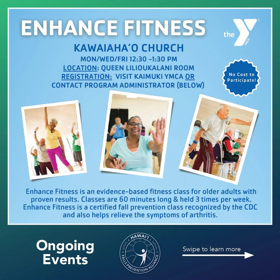 💪🏻EnhanceFitness is now offered at Kawaiaha&rsquo;o Church!

EnhanceFitness is a fun, proven program that helps older adults get stronger, feel more energized, and maintain their independence. It's offered three times a week and welcomes anyone rea