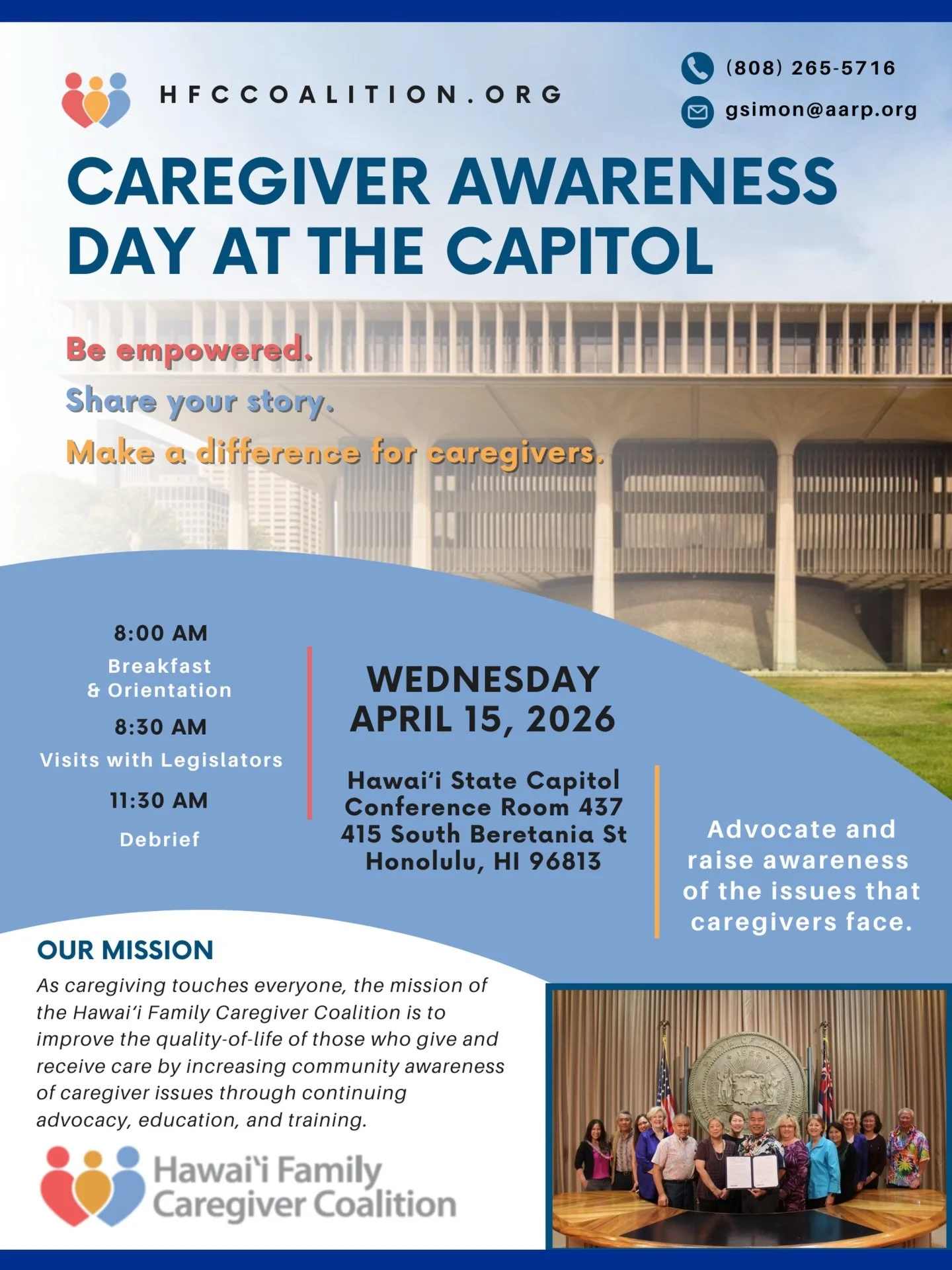 🌺 Calling all Hawai&rsquo;i Family Caregivers and Advocates! 🌺

We&rsquo;re excited to share that the Hawai&rsquo;i Family Caregiver Coalition (HFCC) is hosting their Annual Caregiver Awareness Day at the Capitol. Family caregivers play a vital rol