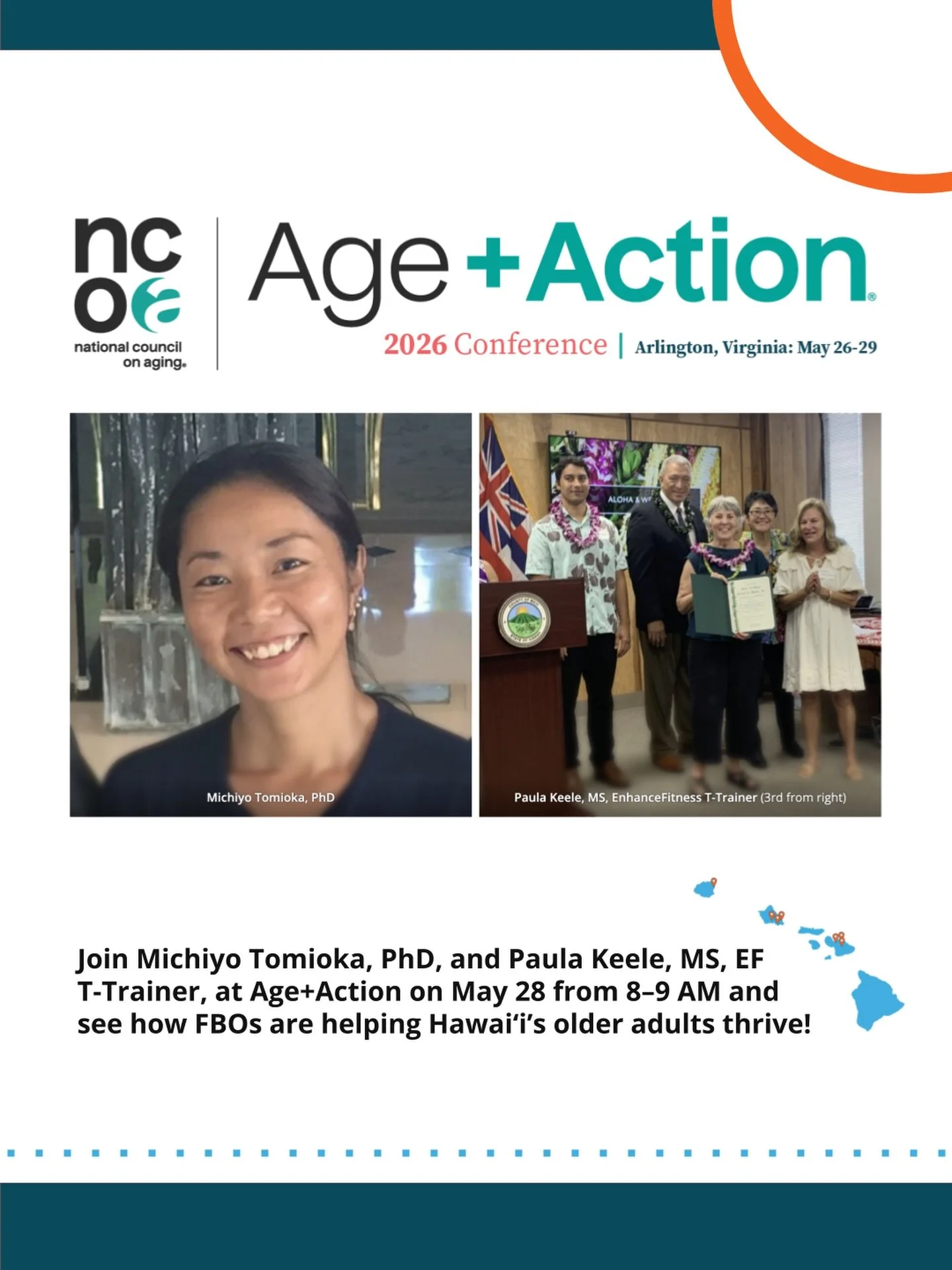 Excited to share that our members &mdash; Michiyo (Secretary) and Paula (Membership Subcommittee Chair) &mdash; are presenting at the NCOA Age+Action Conference! They highlight how Hawai&lsquo;i&rsquo;s faith‑based organizations are expanding access 