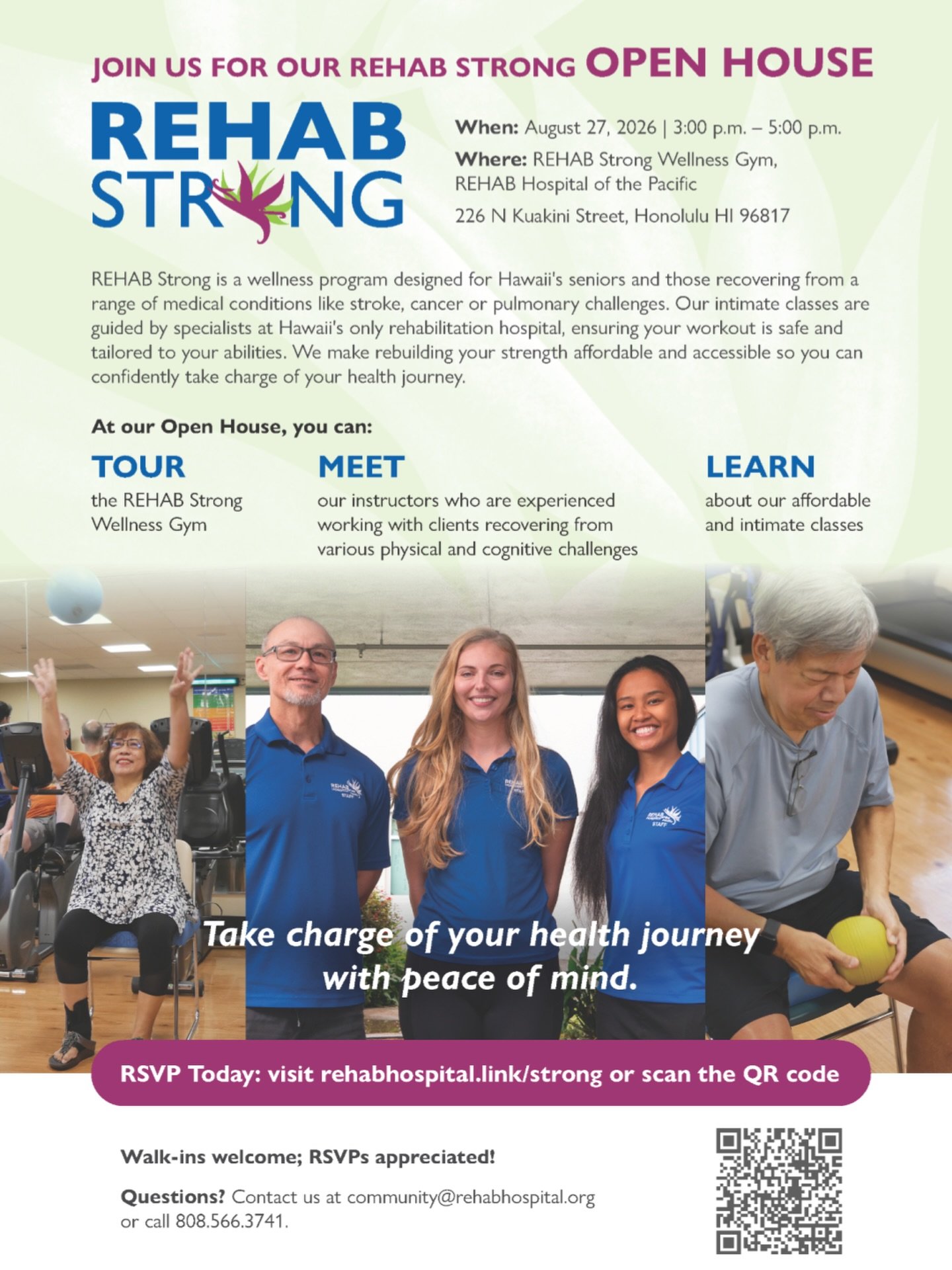 FREE EVENT: REHAB Strong Open House! 🌺

💪 Check out how to rebuild your strength confidently⚡

▪️ TOUR the REHAB Strong Wellness Gym

▪️ MEET our experienced instructors who work with clients to recover from 
various medical, physical, and cognitiv