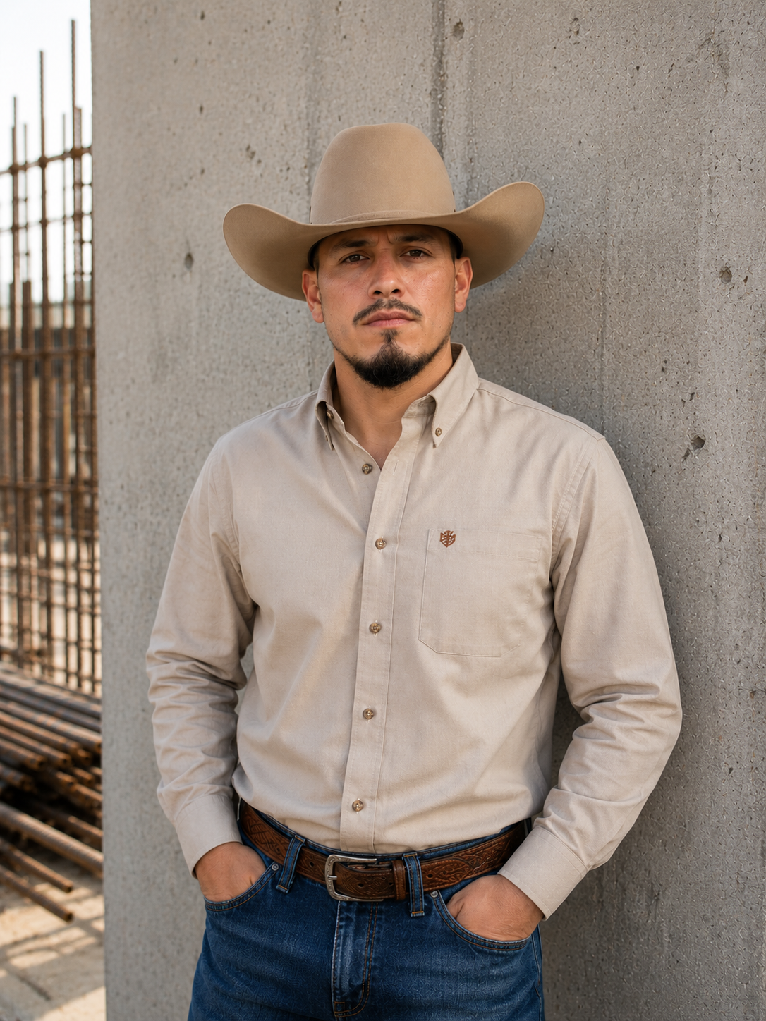 A man wearing a beige cowboy hat, beige button-down shirt, and blue jeans standing outdoors against a concrete wall with a metal fence in the background.