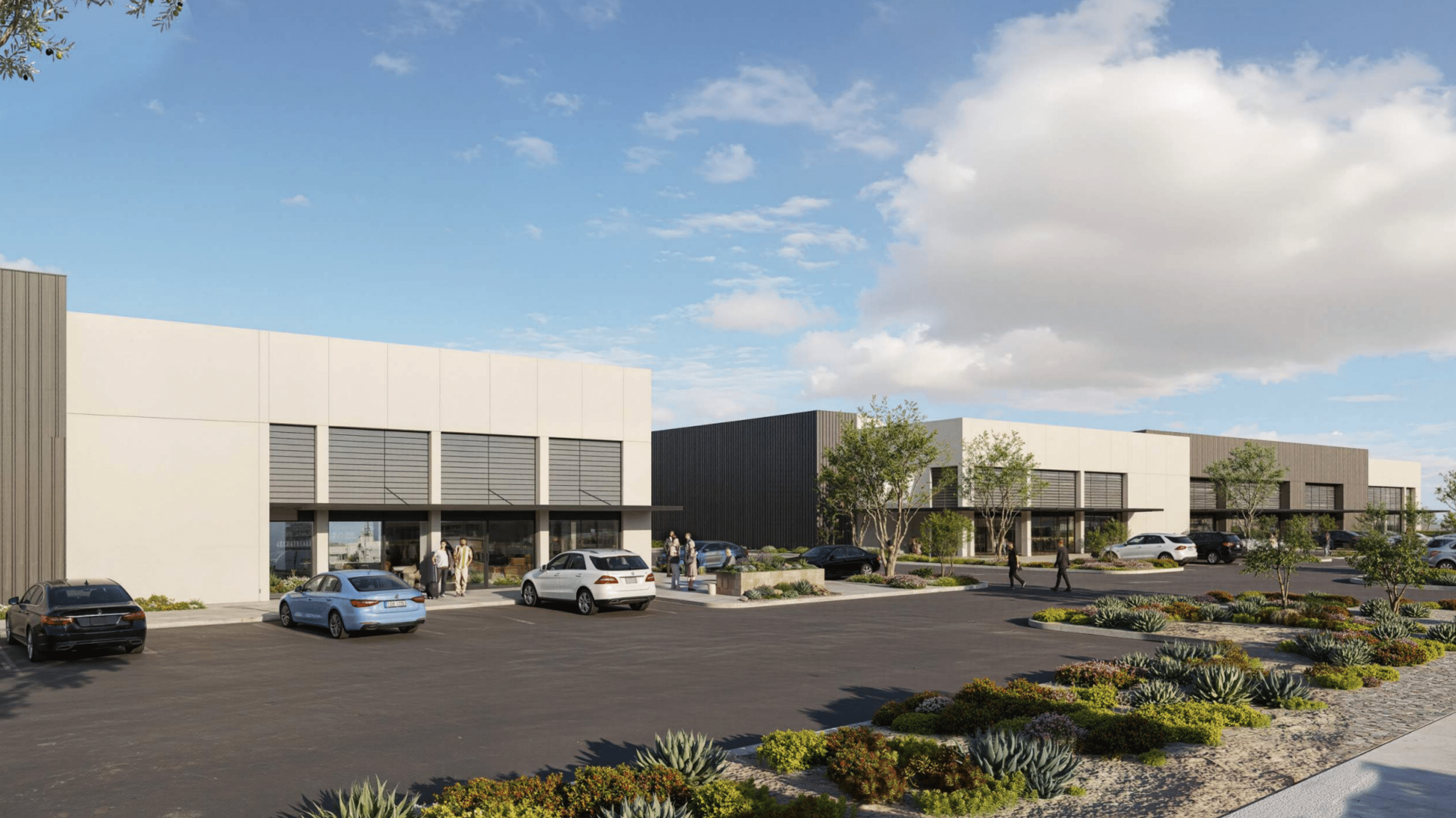 Longbow Commerce Park storefront and parking area rendering