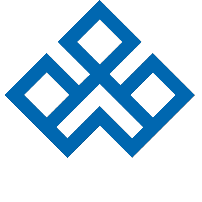 A geometric logo with a symmetrical pattern of blue squares and lines on a black background.