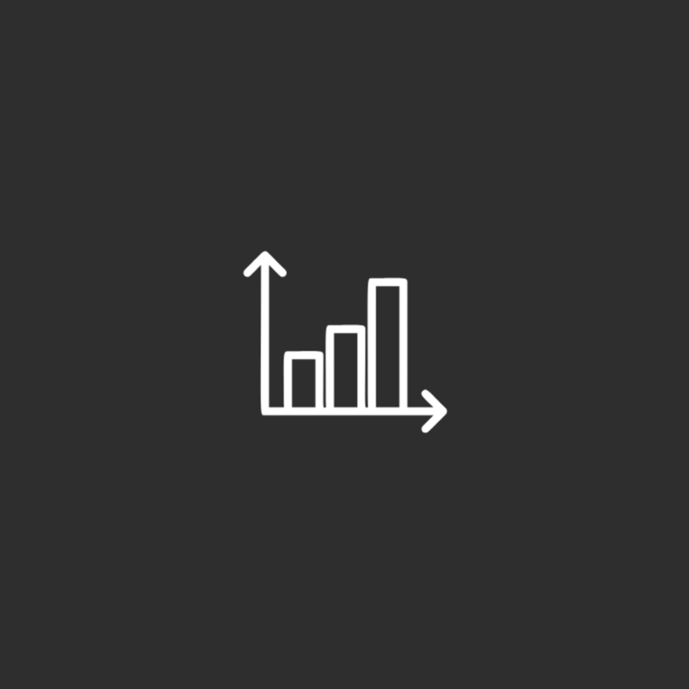 Icon of a bar graph with rising bars on a black background.