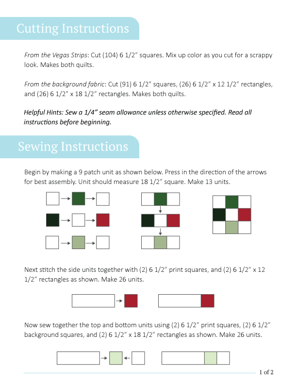 Page showing quilt cutting and sewing instructions with diagrams of fabric squares and rectangles. It includes steps for creating a 9-patch unit, side units, and assembling them together with specific measurements, colors, and quantities.