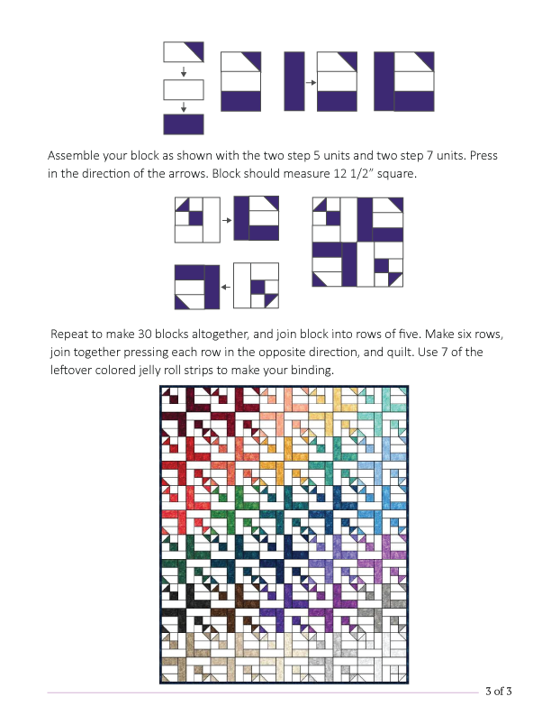 Quilting instructions for assembling a block with diagram showing steps. Blocks use purple and white fabric, measuring 12 1/2" square. Final quilt design includes a colorful pattern using 30 blocks divided into 6 rows of 5. Instructions suggest using