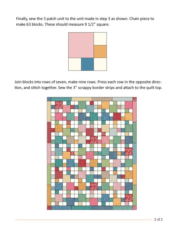 Instructions for quilt block assembly, detailing the creation of 63 nine and a half-inch square blocks from patch units, and guidance on arranging and sewing them into a quilt with scrappy border strips.