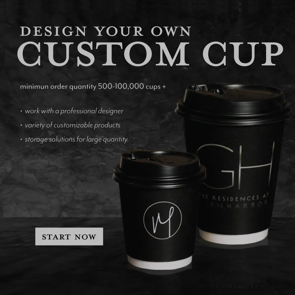 Advertisement for designing custom cups with two black coffee cups and text describing services like working with a designer and having storage solutions. Includes a "Start Now" button.