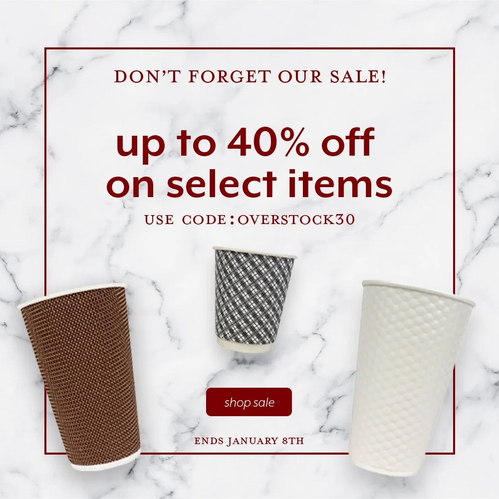 Promotional image with a marble background, featuring three disposable cups with textured patterns and a central text offering "up to 40% off on select items" using code "OVERSTOCK30." The sale ends January 8th. A "shop sale" button is also present.