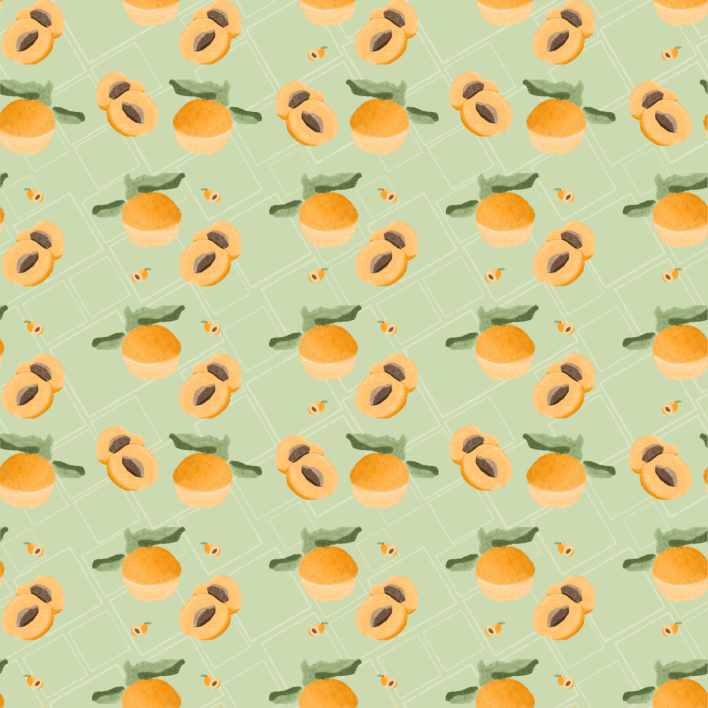 Watercolor pattern of whole and halved peaches on a light green background with leaves and small dots.