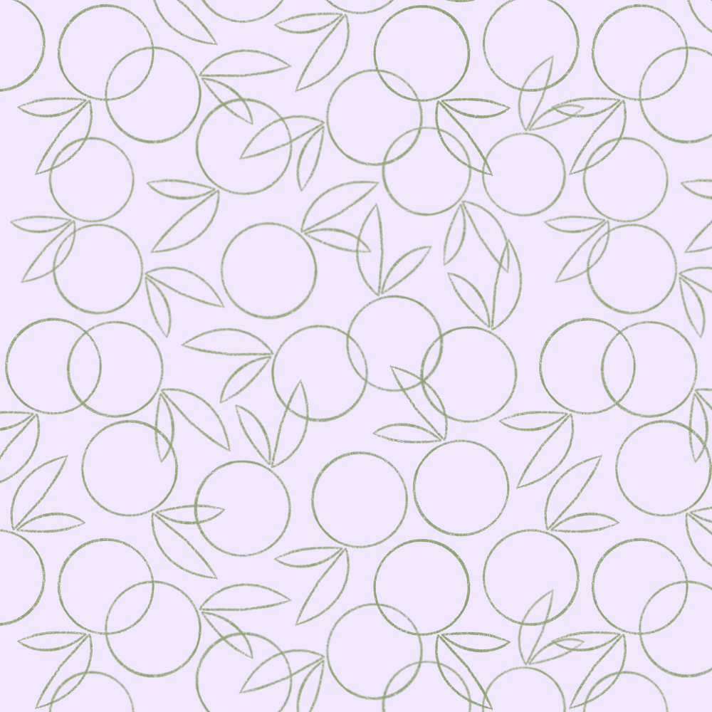 Seamless pattern with abstract circles and leaves in soft purple and green tones.