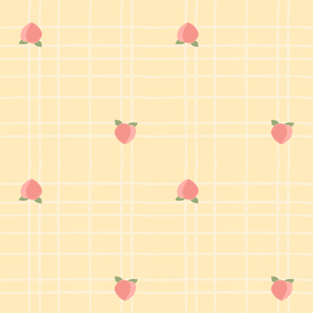 Pattern with pink peaches on a yellow plaid background
