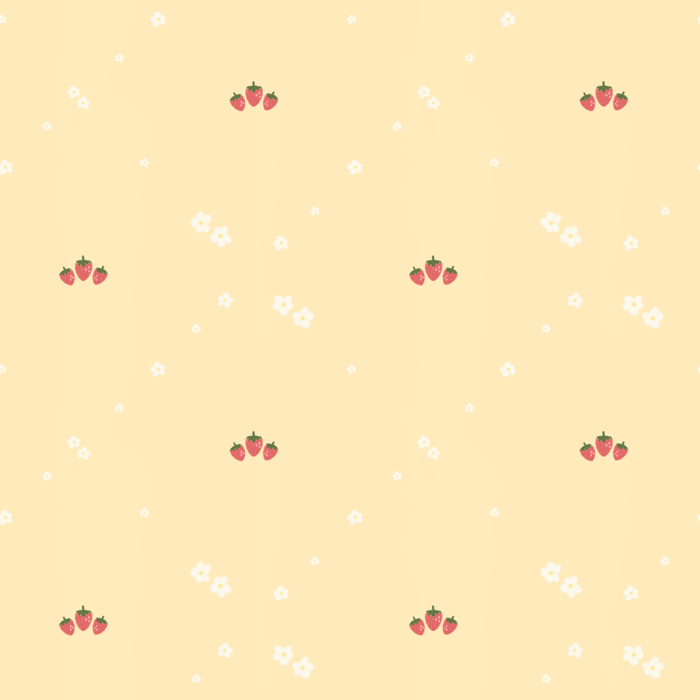 Pattern with strawberries and small white flowers on a beige background.