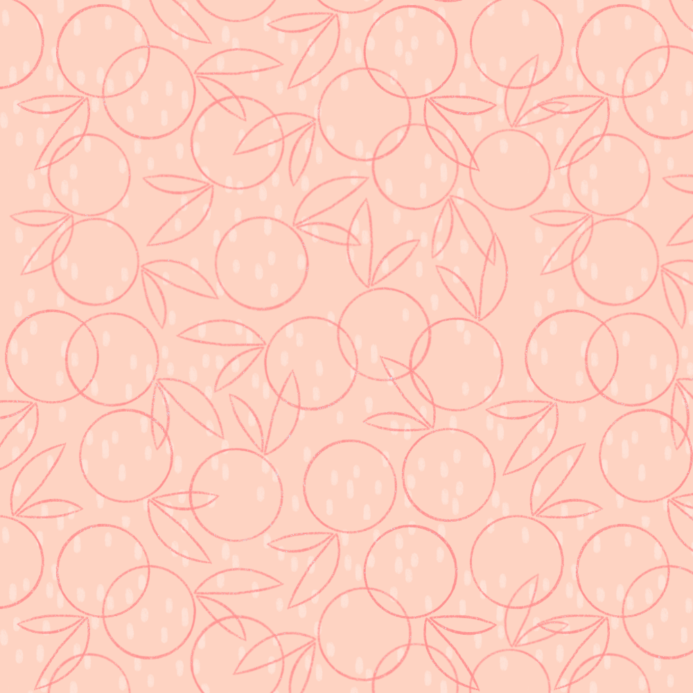 Abstract pattern featuring simple line drawings of circles and leaves on a peach background.
