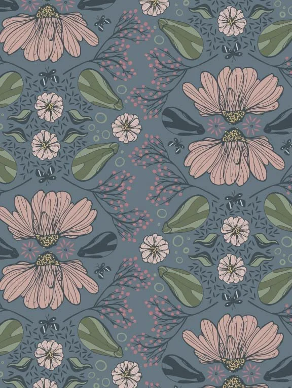 Seamless floral pattern with pink flowers, green leaves, and abstract botanical elements on a blue background.