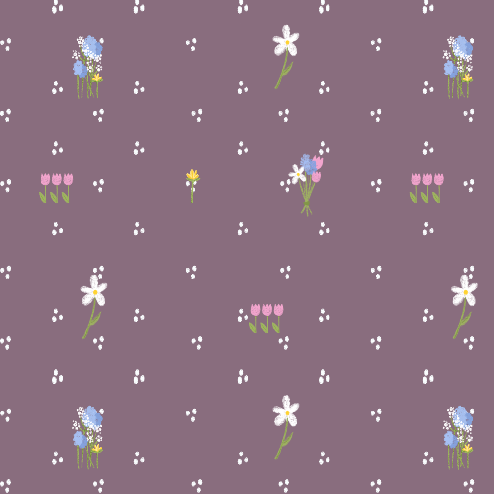 Seamless pattern with various flowers on a purple background, including small daisies, blue and pink blooms, and clusters of white dots.