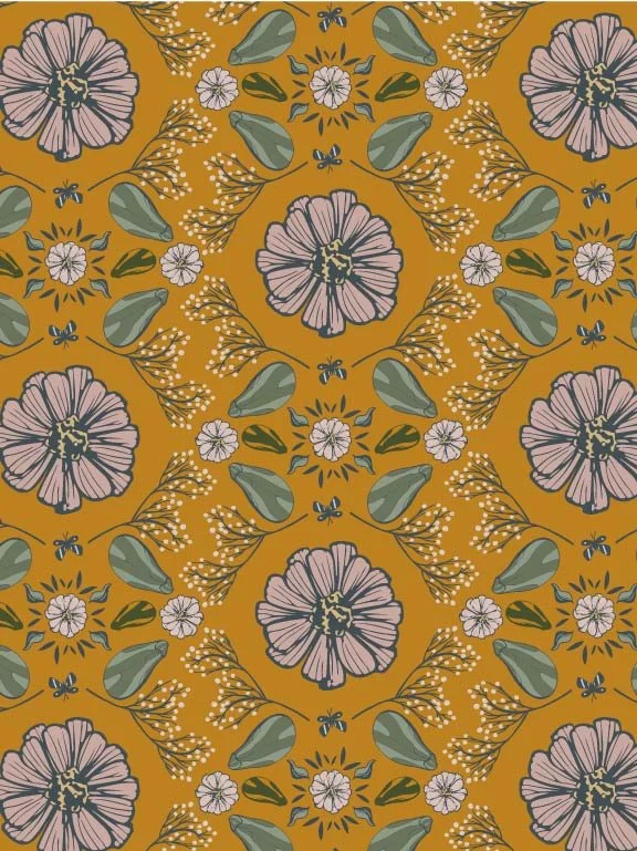 Seamless floral pattern with pink flowers, green leaves, and small white blossoms on an orange background.