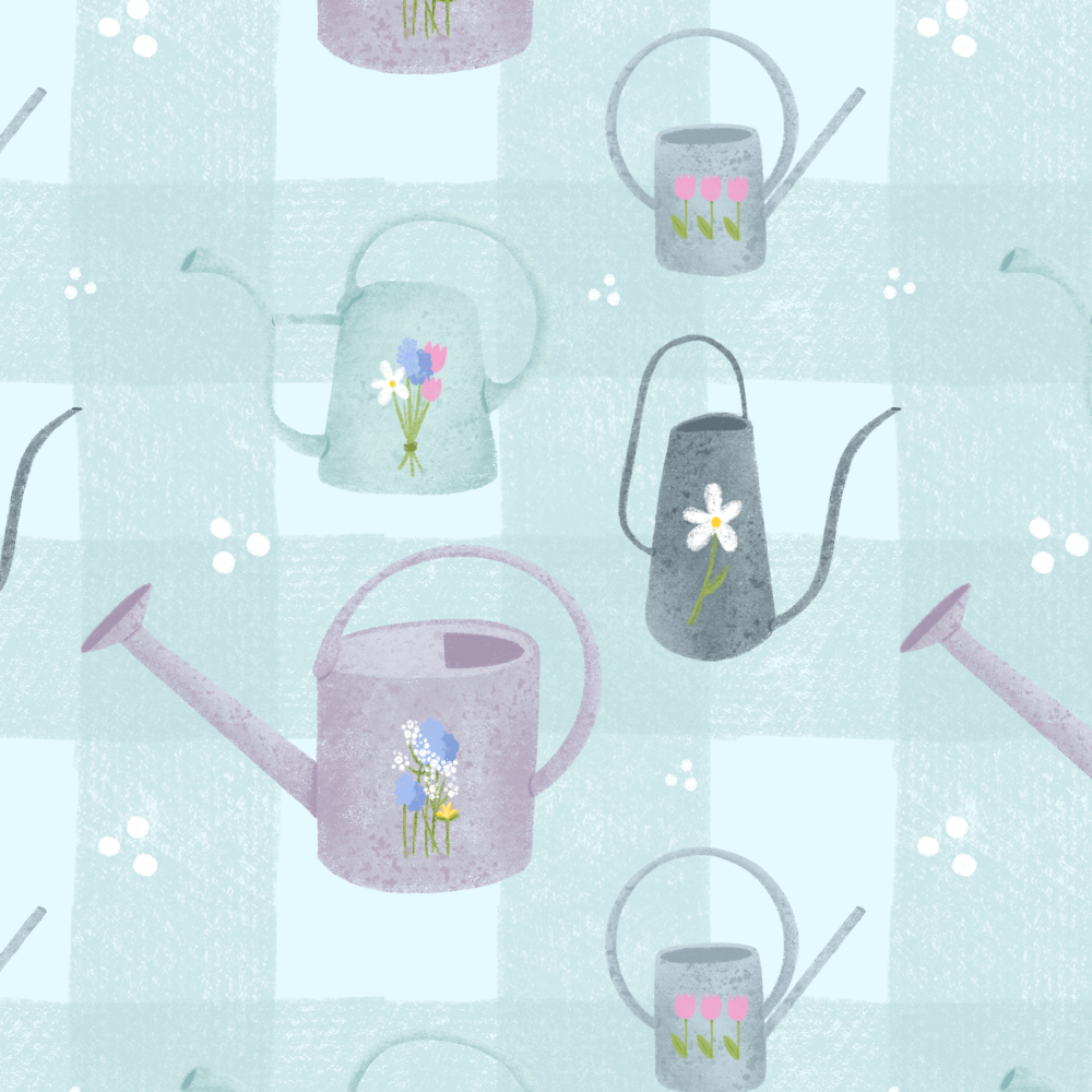 Pattern of colorful watering cans with floral designs on a checkered background.