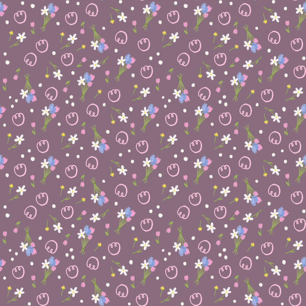 Seamless floral pattern with pink, blue, and white flowers on a purple background.