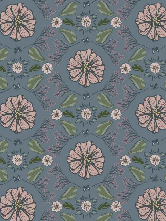 Seamless floral pattern with large pink flowers, small white flowers, green leaves, and bees on a blue background.