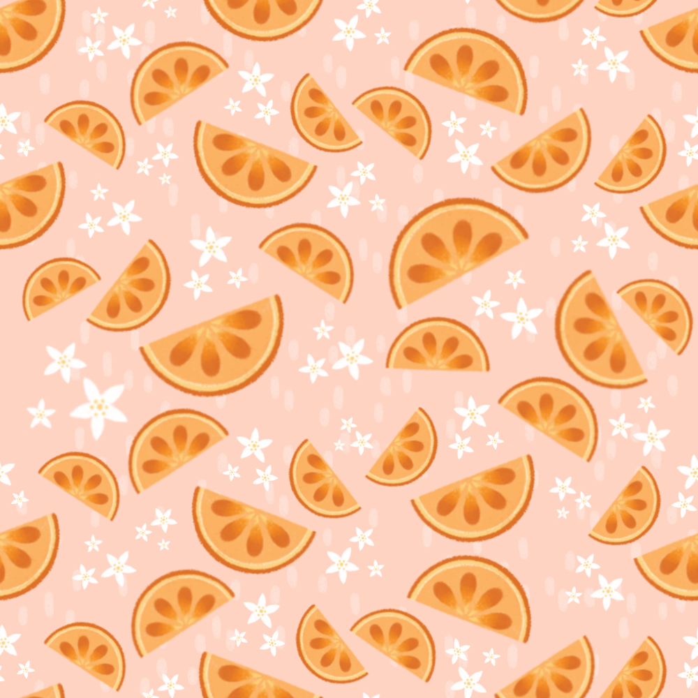 Pattern featuring orange slices and white flowers on a pink background.