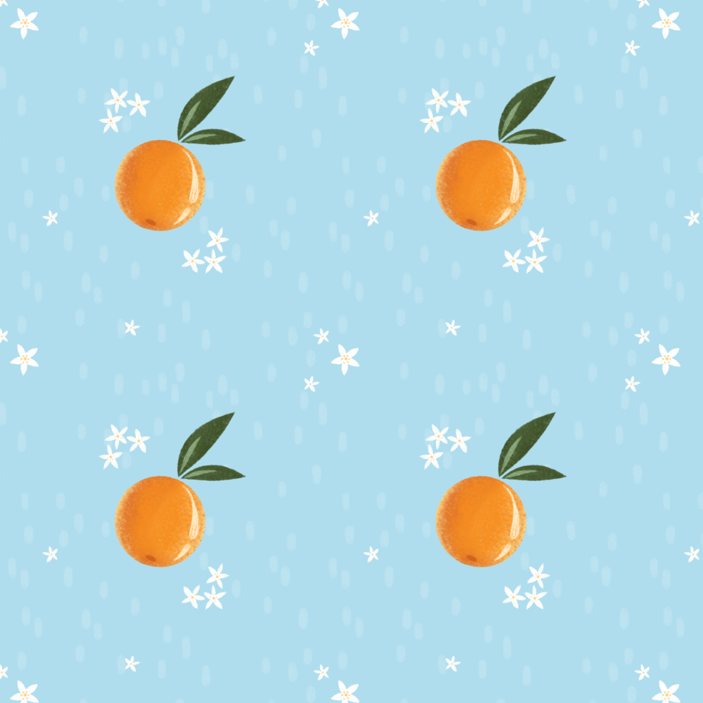 Pattern with oranges and white flowers on a blue background