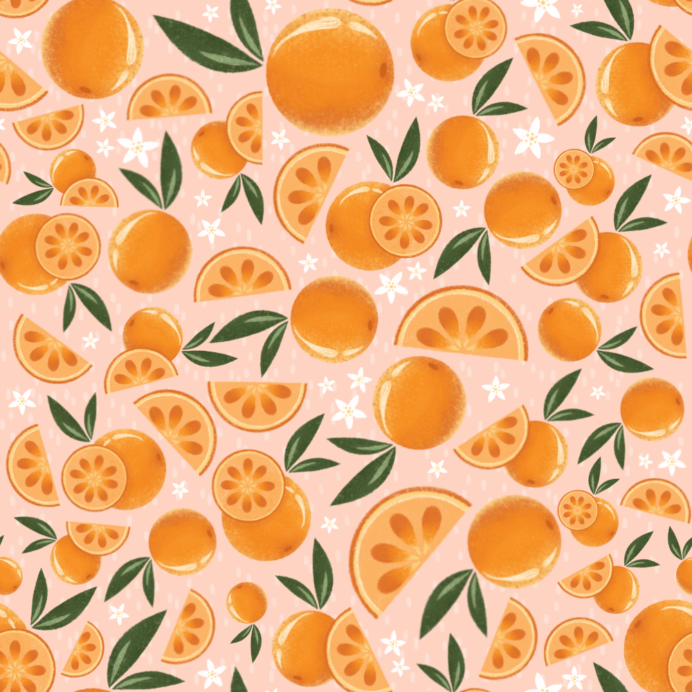 Pattern of oranges with leaves and blossoms on a pink background