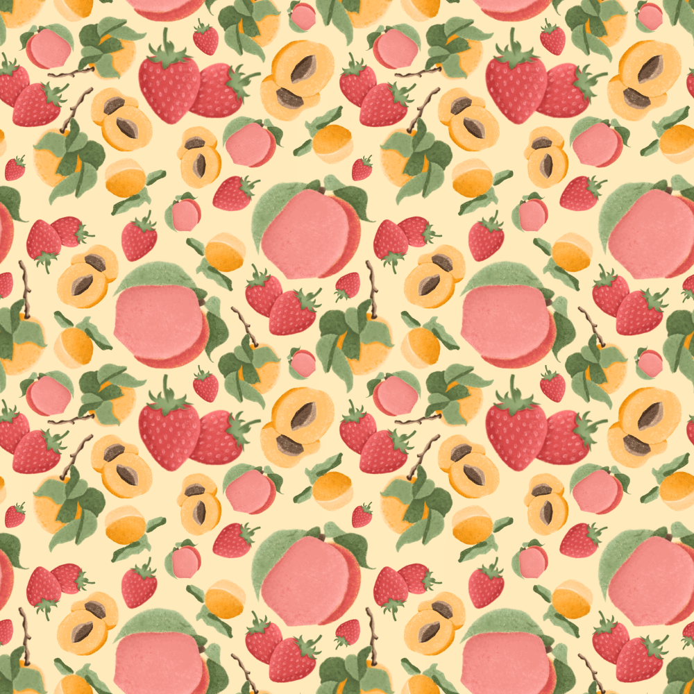 Seamless pattern of watercolor fruit illustrations, including strawberries, peaches, and apricots, on a light background.